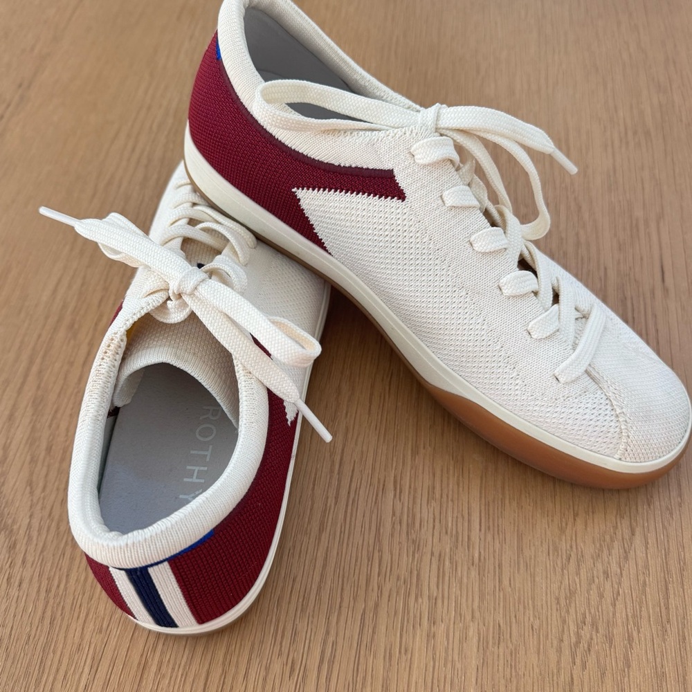 Rothy's Cream and Burgundy Knit Lace-Up Sneakers with Navy & Red Stripe